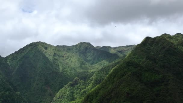 オアフ島の聖なる滝州立公園へのヘリコプターツアー 曇りの日に緑色の熱帯ハワイの山の上のヘリコプターで飛ぶ観光客 風光明媚なアウトドアアドベンチャーツアー Usa観光コンセプト — ストック動画