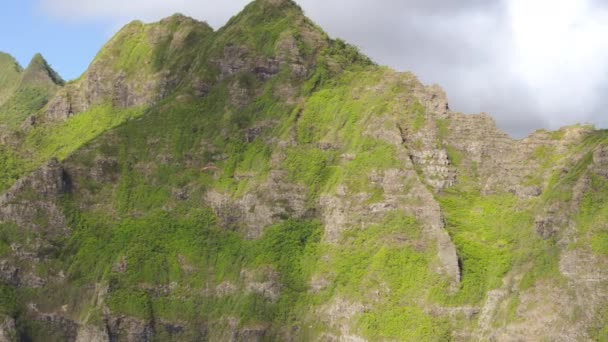 ブルースカイ4Kで息をのむような自然をパラグライダー 明るい夏の日に山とクァロア渓谷を飛行するパラグライダーの空中撮影 グリーン トロピカル ハワイアン山脈の壮大な景色 — ストック動画