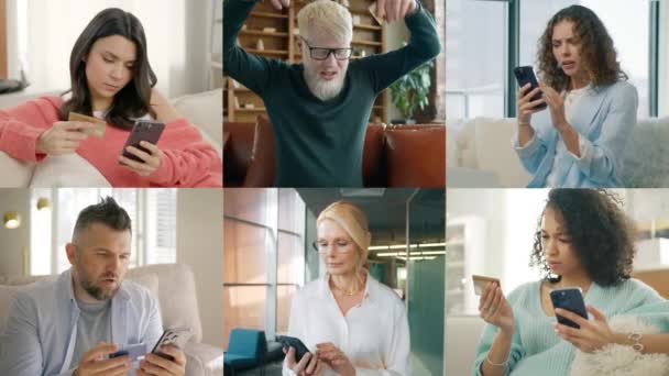 Koláž Podnikatelů Kteří Provádějí Line Platby Dostávají Oznámení Selhání Smartphonu — Stock video