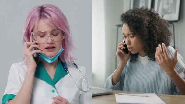 Split Screen Gesundheitsberatung Telefon Mit Krankenschwester Und Besorgten Patienten Gemischtes — Stockvideo
