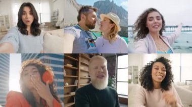 Neşeli yüzlü kameraya bakan mutlu arkadaşlar. Heyecanlı insanlar grup sohbetlerinde en iyi anılarını paylaşıyorlar. Çoklu etnik arkadaşlar akıllı telefondan selfie çekerken eğleniyorlar. Hafta sonu yaşam tarzı.