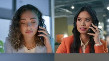 Akıllı telefondan konuşan iki genç iş kadınıyla ekranı böl. Ofis masasında online dizüstü bilgisayar kullanarak konuşan profesyonel zarif bayanlar. Kadın ortaklar sözleşmeyi onaylıyor