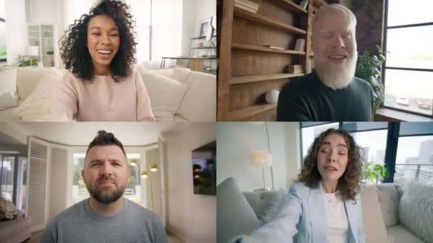 Веб Камера Вид Усміхнених Багатоетнічних Людей Вдома Використовуючи Смартфон Разом — стокове відео