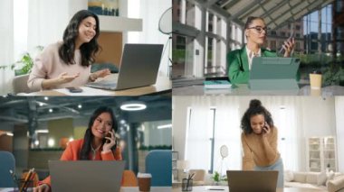 Ofiste çalışan çeşitli kadın kolajı. Evden uzakta çalışan bir grup genç pozitif kadın var. Güzel iş arkadaşları internette telefonla konuşuyor, iş yerindeki dizüstü bilgisayara bakıyorlar.