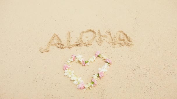 Aloha Işareti Okyanus Köpüklü Dalgalarla Yıkanmış Kalp Şeklinde Tropikal Çiçek — Stok video