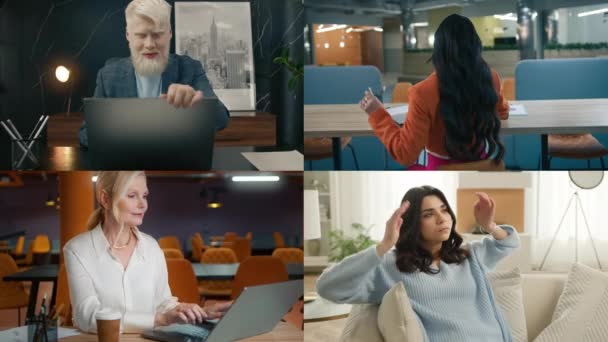 Collage Personas Cansadas Relajándose Estirándose Después Duro Día Trabajo Diversos — Vídeos de Stock