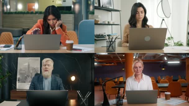 Şadamları Kolajı Işi Bitirip Bilgisayarı Kapatıyorlar Adamları Çalışma Masasından Ayrılıyor — Stok video