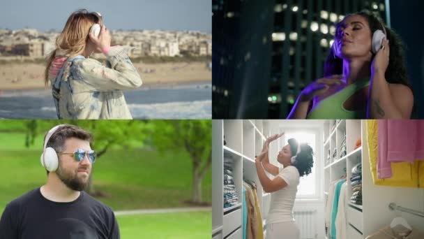 Movimiento Lento Personas Felices Auriculares Bailando Divirtiéndose Gente Estilo Vida — Vídeos de Stock