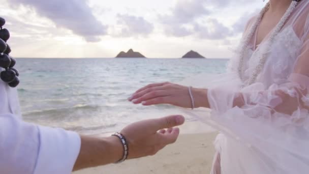 ビーチの結婚式で指輪を交換する新婚夫婦 クローズアップ男性は少女の指に指輪をかける ハワイの外で花嫁を握る認識できないグロム 女性の手を取る未知の男 — ストック動画