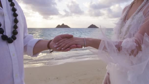 Κοντινό Πλάνο Παντρεμένο Ζευγάρι Αμερικανών Βάζει Δαχτυλίδι Στην Παραλία Ημέρα — Αρχείο Βίντεο