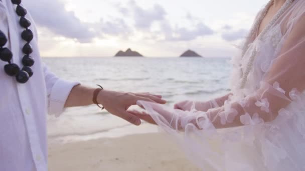 穿着白色布荷族婚纱的时髦新娘紧握双手 把白金婚戒戴在新郎的手指上 在海滩婚礼上 快乐的爱情时刻 婚礼上的浪漫夫妻 — 图库视频影像