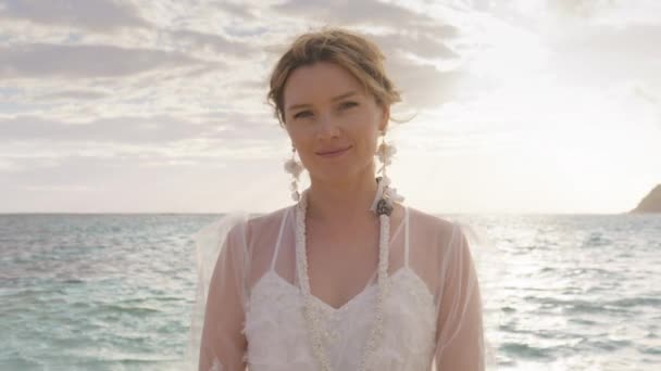 Portrait Gorgeous Woman Sheer Floral Boho Dress Wedding Morning Backlight — Stock Video