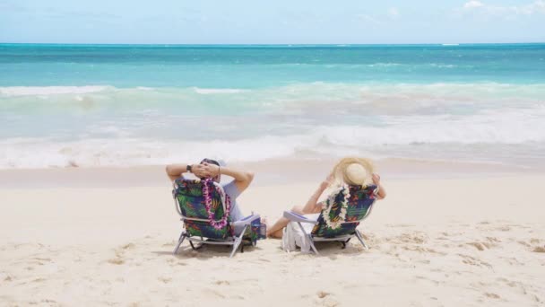 豊かな観光客は 熱帯旅行の休暇にビーチチェアに座って 屋外でリラックスしています オアフリゾートライフスタイル 男性と女性のバックビューは 夏の休日に一緒にタンニングライトブルーの海の景色を楽しむ — ストック動画