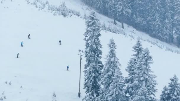 Slow Motion Drone Schot Boven Skiërs Rijden Heuvels Sneeuwstorm Bioscoop — Stockvideo