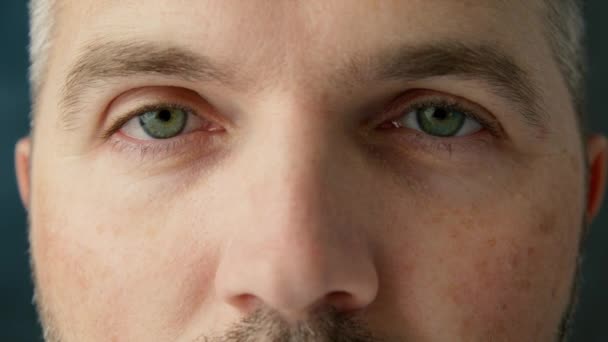 ハンサムな男40代の緑色の目を閉じる 男性は目を閉じて カメラに向かってまっすぐ見ています 中年の灰色のブルネット男は緑色の目をしている コピースペース4Kのための快適な落ち着いた人々の背景 — ストック動画