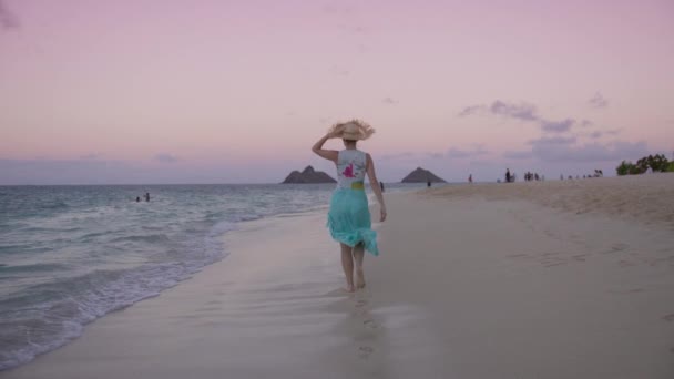 Mutlu Kadın Turistin Yaz Tatilinde Sinematik Pembe Gün Batımının Tadını — Stok video