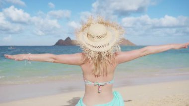 Dost canlısı Shaka Hawai tabelasını her iki elinle de gösteren gezginin arka görüntüsü. Geniş saman püsküllü şapkalı turist kadın yaz tatilinde dinleniyor. Hawaii adasında bikinili mutlu bir kadın. Sahilden hoşlanan kız