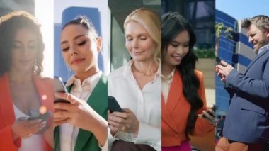 Akıllı telefon cihazları kullanan birçok farklı iş adamıyla kolaj. Ellerindeki cep telefonlarına bakan erkek ve kadınların olduğu dikey klipler. İletişim İnternet ve bağlantı konsepti 4K arkaplan