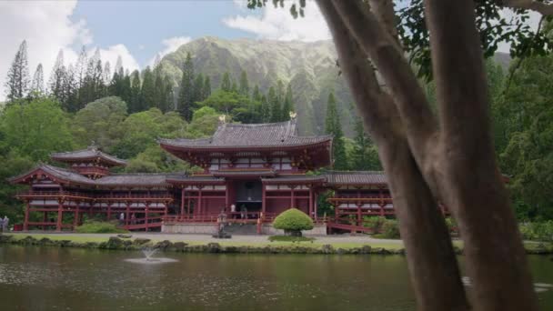 하늘에 구름이있는 Byodo 오아후 하와이 관광객 목적지 전경에 나무와 일본식 — 비디오