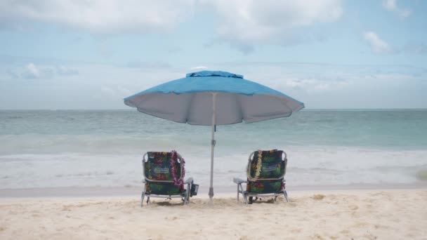 Барвисті Пляжні Стільці Сонячна Парасолька Біля Мальовничого Блакитного Океану Концепція — стокове відео