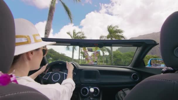 ココナッツパームでトロピカルアイランドを運転するスタイリッシュな女性のコンバーチブルなモダンカーバックシートビュー 屋根なしでカブリオレでエキゾチックなハワイを探索するハッピー旅行者 屋外アドベンチャー夏休み — ストック動画