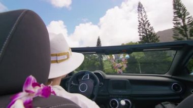 Cabriolet 'te egzotik Hawaii' yi çatısı olmadan keşfeden şık bir gezgin. Açık hava macera yaz gezisi. Üstü açık modern araba arka koltukları, Hindistan cevizi palmiyeleriyle tropikal adanın yanından geçen şık bir kadına bakıyor.