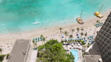 Oahu adasındaki Waikiki tatil beldesinde yaz tatili. Güneşli bir günde, deniz manzaralı lüks otel. Hawaii Adası rüya gezisi. Zengin insanların tropikal bahçede mavi havuzda dinlendikleri sahne.