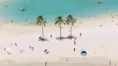 Manzaralı tropik Hawaii adalarından geçen mutlu insanlar. Beyaz plajda güneşlenen turistler ve Oahu 'daki mavi gölcükler. Aileler yazın tadını çıkarırlar. Waikiki tatil beldesi geçmişi
