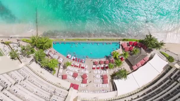 在美国的天堂度暑假 人们在怀基基豪华度假胜地的无限大游泳池里享受夏天 夏威夷瓦胡岛昂贵的现代酒店 人们在蓝色游泳池里游泳 可以看到怀基基海滩的景色 — 图库视频影像