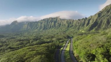 Tropik Hawaii adasındaki sinematik doğa manzarası. Görkemli dağ sırtı olan manzaralı yoldan geçen arabalar. Sabah 4K 'da dik yeşil orman dağları. Oahu Adası 'ndaki H3 karayolu destansı hava sahnesi