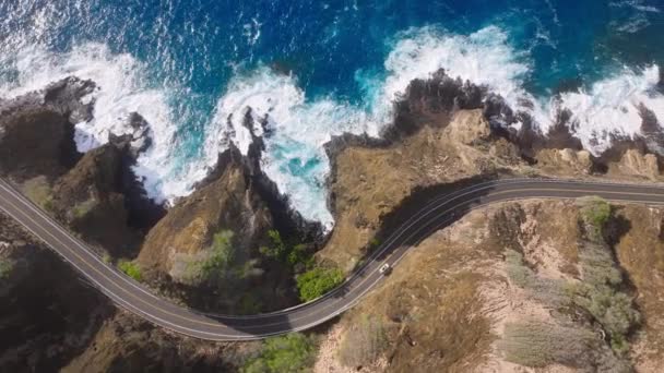 ハワイ島を運転する岩山風景車の見どころ 海の景色を望む海岸線道路 ロード トリップ 映画の岩の海岸を運転する空中ビューカー オアフ島道で運転する — ストック動画
