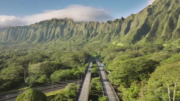 Крутые Зеленые Джунгли Горы Утром Эпическая Воздушная Сцена Шоссе Острове — стоковое видео