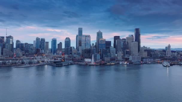 Městská Světla Purpurové Obloze Západu Slunce Washington Centru Seattlu Při — Stock video