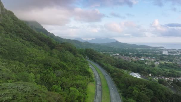 ハワイ島の美しい自然 熱帯の山の風景 緑豊かなジャングルで覆われたパラダイス島の旅のコンセプト グリーンガーデンの景色の道 H3ハイウェイのエピックルート オアフ島 — ストック動画