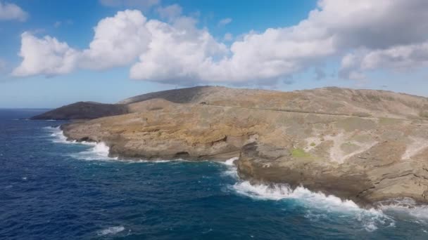 かつて緑豊かなハワイ島の乾燥した丘を持つ気候変動コンセプト ココ火山クレータービューの干ばつシーズン 砂漠の自然の中の美しい道 グリーンハウスの効果により乾燥した熱帯島 — ストック動画