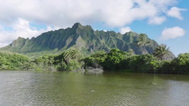 Hawaii doğası hakkında ilham verici. Destansı Oahu manzarası üzerine manzaralı hava manzarası. Hawaii seyahat fotokopi alanı arka planı. Güneşli yaz gününde sinematik görkemli yeşil dağ zirvelerinin nefes kesici manzarası