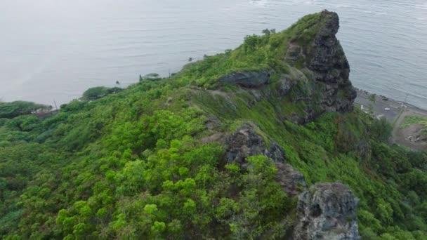 活跃的游客探索野外自然 在Kahekili岭的场景蹲伏狮迹 华胡岛的户外探险热带丛林夏威夷 人们在危险的陡峭悬崖上远足 — 图库视频影像