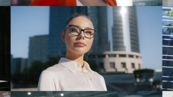 Zoom Out Collage Confident Independent Business Woman Modern Office Smiling — Stock Video