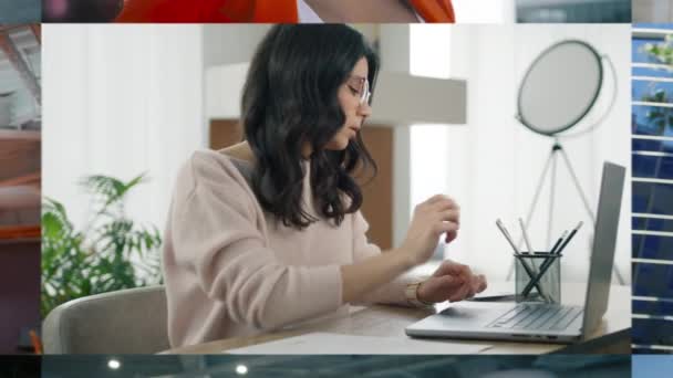 Zoom Uit Collage Van Spaanse Zakenvrouw Die Werkt Laptop Glimlachende — Stockvideo