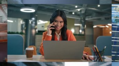 Modern ofiste akıllı telefon kullanan takım elbiseli Asyalı zarif iş kadını portresini büyüt. Farklı yaş grupları, cinsiyetçi iş adamları. Şirket yöneticileri, 4K 'da çalışıyorlar.