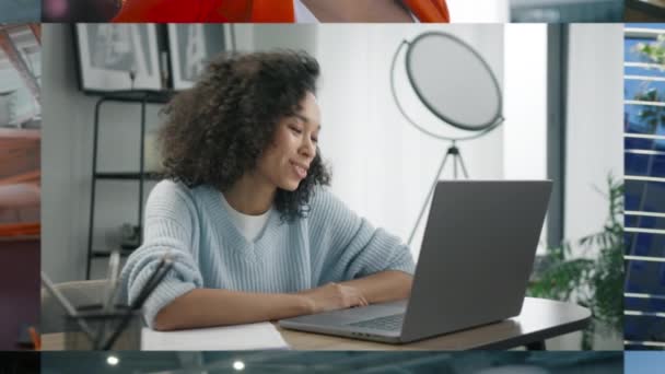 ビデオ会議コールで多民族ビジネス起業家の女性のコラージュをズームアウト 多様な民族 性別の人々のグループ スマートフォンコンピュータ技術を活用した企業マネージャー — ストック動画
