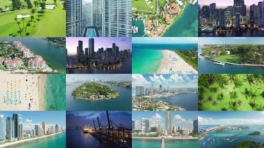 Hava Miami seyahati konsepti. Florida turizm konsepti. Modern Miami şehir merkezi, gece limanı, güneşli Miami plajı prestij balıkçıları adası, yeşil altın parkuru. Amerika 'nın doğu kıyısı seyahat geçmişi kolajı