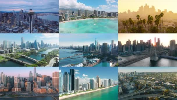 Cinematic Aerial Collage Main United States Cities Scenic Cityscapes Chicago — Stock Video