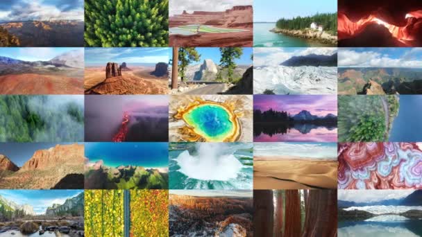 Collage National Parki Stanowe Stany Zjednoczone Yellowstone Denali Niagara Pali — Wideo stockowe