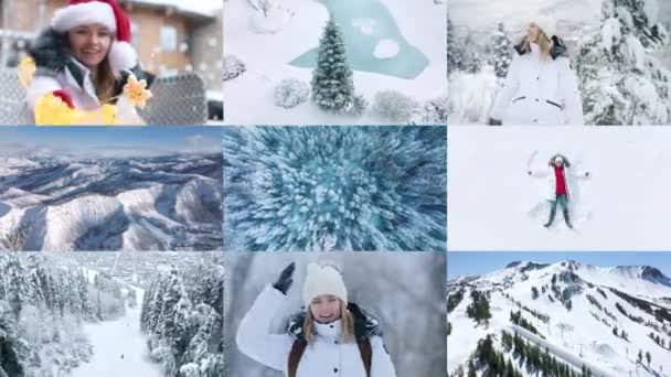 Vinterlov Collage Glad Skrattande Kvinna Njuter Snöig Dag Skogen Glada — Stockvideo