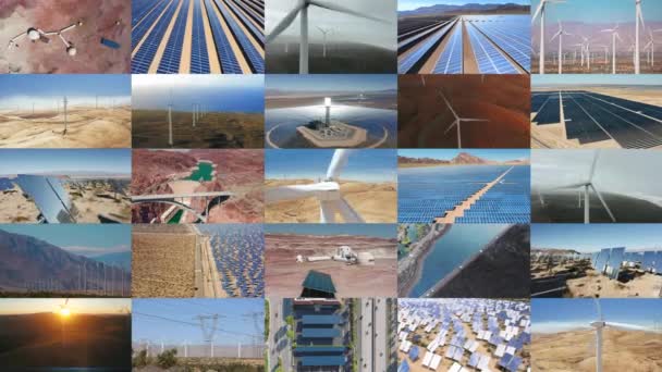 Коллаж Ветряными Мельницами Солнечные Батареи Развивающие Энергию Пустынной Планете Глобальное — стоковое видео