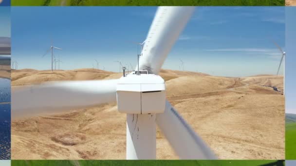 風力発電所と太陽光発電と風力再生可能な天然資源からのエネルギーを開発する太陽光パネルプラントとのコラージュ 地球温暖化の気候変動 エコロジー災害 グリーンハウス効果 砂漠の太陽電池 — ストック動画