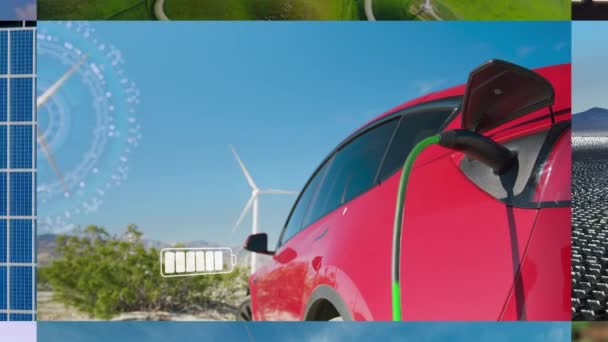 Uitzoomen Collage Elektrische Auto Opladen Bij Windmolens Milieuvriendelijke Windmolens Groene — Stockvideo