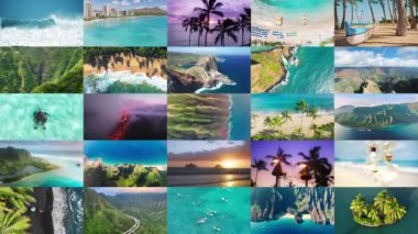 Hawaii Adaları 'nın manzaralı kolajı ABD sinema simgeleridir. Kauai Adası 'ndaki Na Pali sahili. Büyük Ada 'daki Kilauea Volkan Ulusal Parkı. Elmas kafa ve Kualoa çiftliği Oahu 'da. Yaz tatili