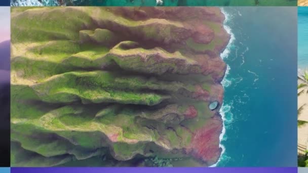 ハワイのすべての主要な島のランドマークのコラージュをズームアウト アメリカ カウアイ島のナ パリ沿岸 ダイヤモンドヘッドとクァロアはオアフ島の牧場にいる 夏休み旅行でした ビッグアイランドのキラウエア火山国立公園 — ストック動画